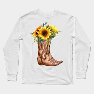 Rustic Sunflower Western Country Cowboy Boots Long Sleeve T-Shirt